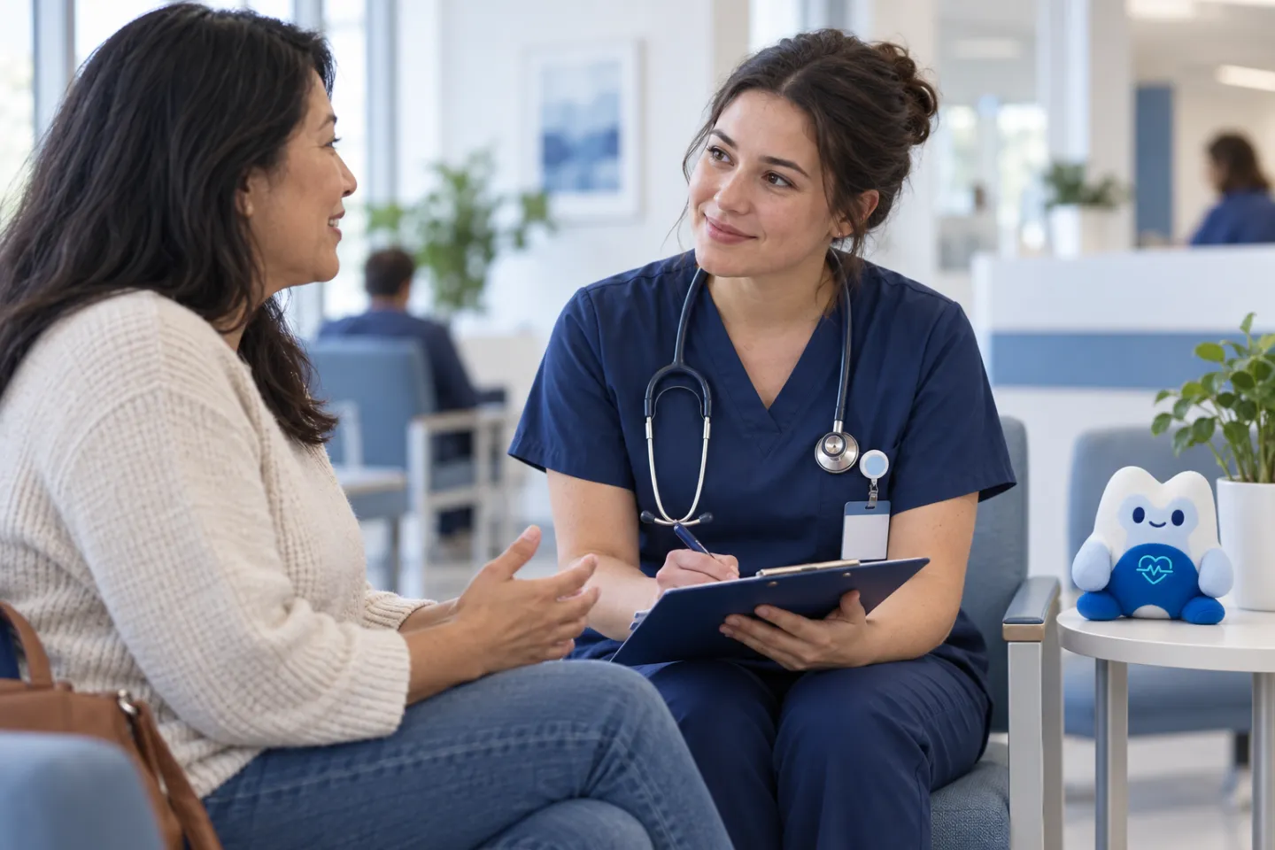 Illustration of a nurse listening to a patient in an emergency department, with the Link companion nearby