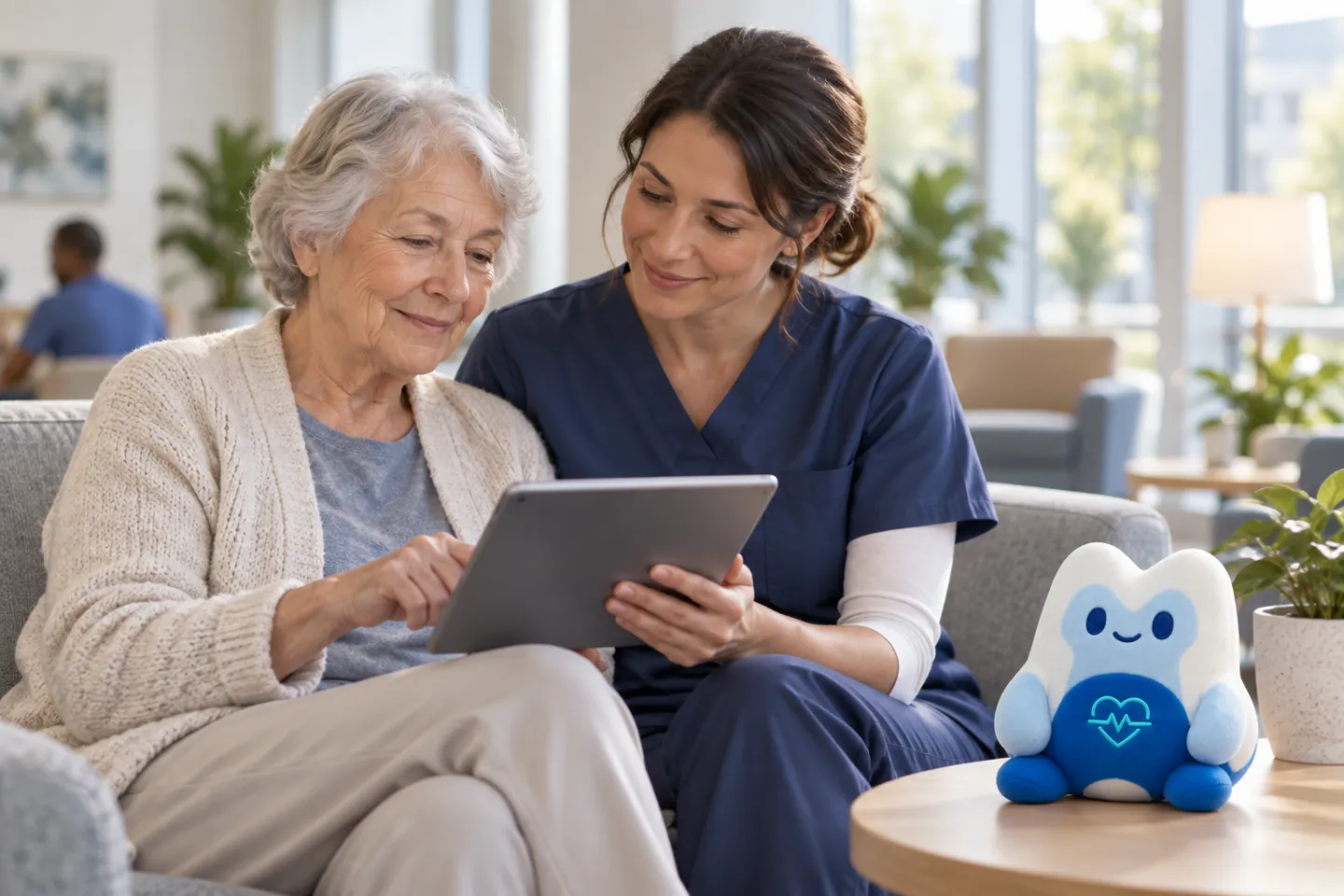 Illustration of a patient and caregiver using a device together